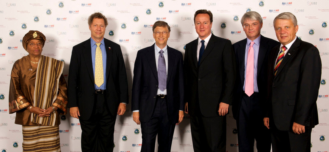 President Ellen Johnson Sirleaf of Liberia with UK Prime Minister David Cameron and Bill Gates at an aid conference in London